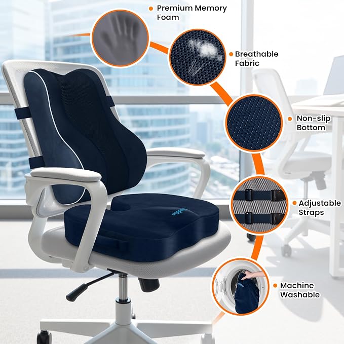 CloudBliss Lumbar Support Pillow, Memory Foam for Office Chair, Blue | Ergonomic High-Density Memory Foam, Adjustable Straps, Washable Mesh Cover, Lower Back Support for Office, Gaming & Car Seat
