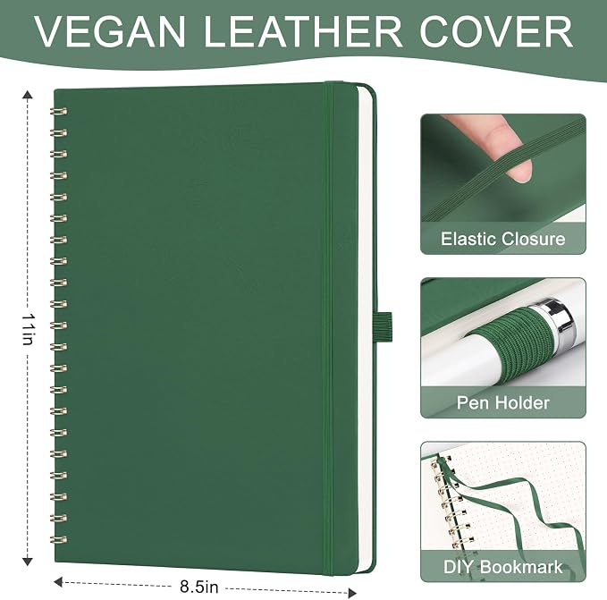AHGXG Dotted Journal Spiral Notebook 8.5" x 11", Large A4 Leather Hardcover Dotted Notebook, 100 GSM Thick Dot Grid Paper, Inner Pocket, for Bullet Journaling, Green
