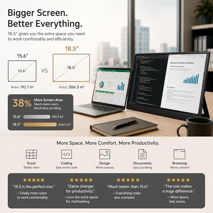 18.5 Inch Large Portable Monitor for Laptop, 120Hz 1080P FHD IPS Portable Travel Second Screen Display for/Phone/Xbox PS4/5, 100% sRGB, Dual Speakers, VESA & Storage Bag
