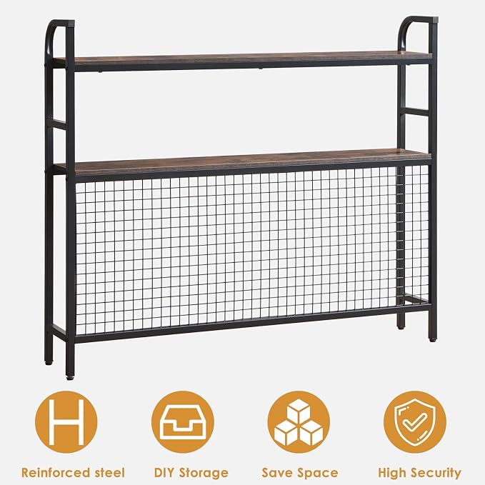 Desk Shelf, 45.3” Desktop Organizer Shelf with Grid Panel and Hooks, Desk Hutch for Computer Monitor, 2 Tier Desk Display Rack Wood Desktop Bookshelf Storage for Home Office Dorm