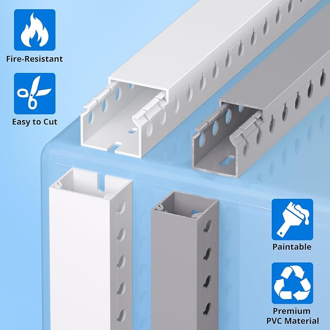 1.2"H x 1.2"W Cable Raceway, 132in Under Desk Wire Management Channel, Grey | Slotted Wire Duct, 8Pack, 16.5in Each, Heavy-Duty PVC Cable Management for Server Racks, Network Cables & Electrical Cabinets