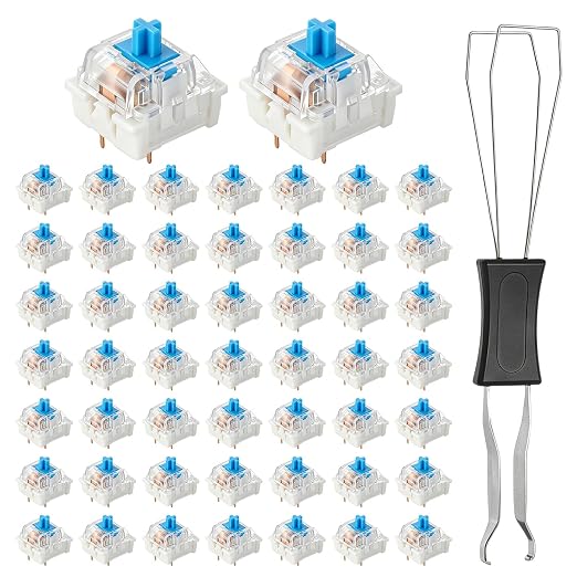 YUXIANLB 50pcs Blue Mechanical Keyboard Switches, 3 Pin Clicky Keyboard Switches Puller Dustproof Waterproof Clicker with Remover Tool Key Accurate Typing for Repair DIY Builds Typing Gaming