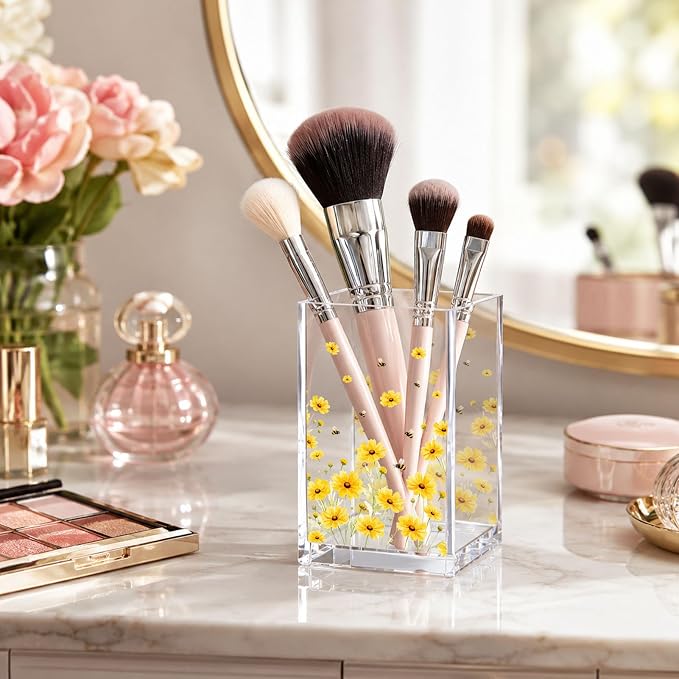 Sunflower Acrylic Pen Holder Cup, Farmhouse Aesthetic Desk Decor, Floral Pattern Pencil Holder Organizer, Office Accessories, Gift for Women