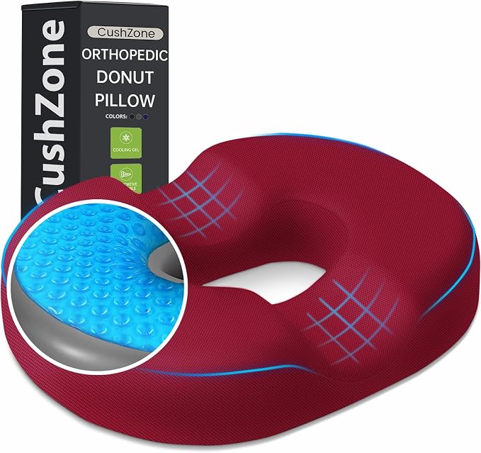 Donut Pillow Seat Cushion, Cooling Gel Memory Foam Chair Cushion, Red | Office, Home & Car Seat Cushion, Butt Pillow for Tailbone Pain Relief, Hemorrhoids and Everyday Sitting Comfort