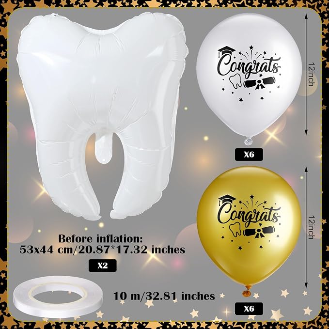 Colingmill 30 Pcs Dentist Party Decor Congrats RDH Dental Kit with Pull Flags Cake Sticks Tooth Balloon White Ribbon for Dentist Supplies Back to School Party Favor