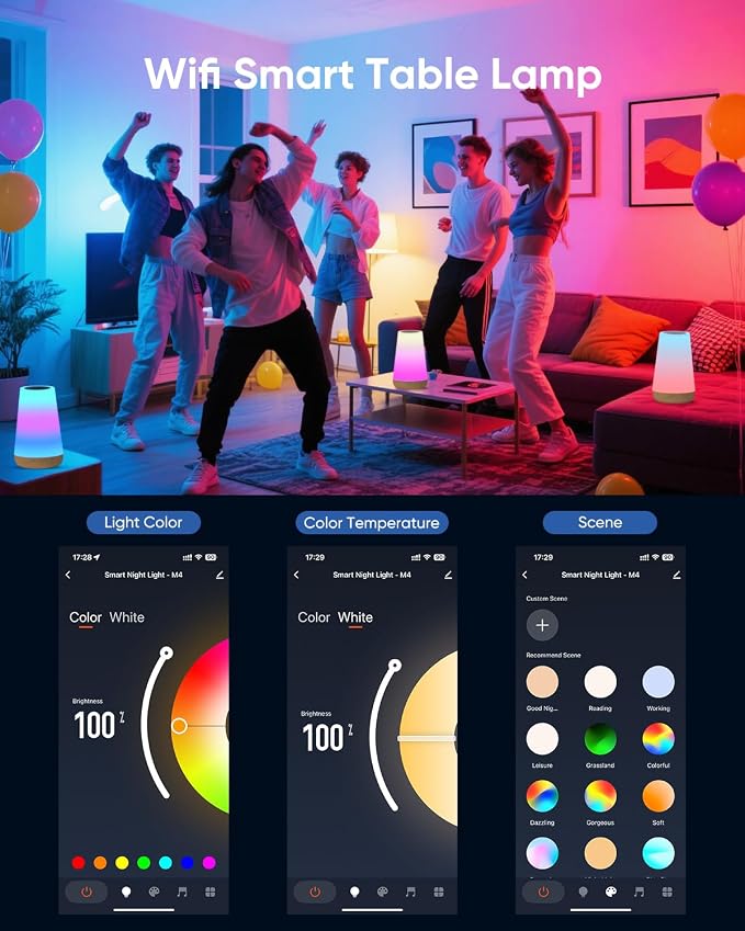 Smart Table Lamp Compatible with Alexa, Dimmable Nursery Night Light with App/Voice Control & Music Sync, RGB Warm Light Bedside Lamp for Kids with Timer, Cable and Adapter Included