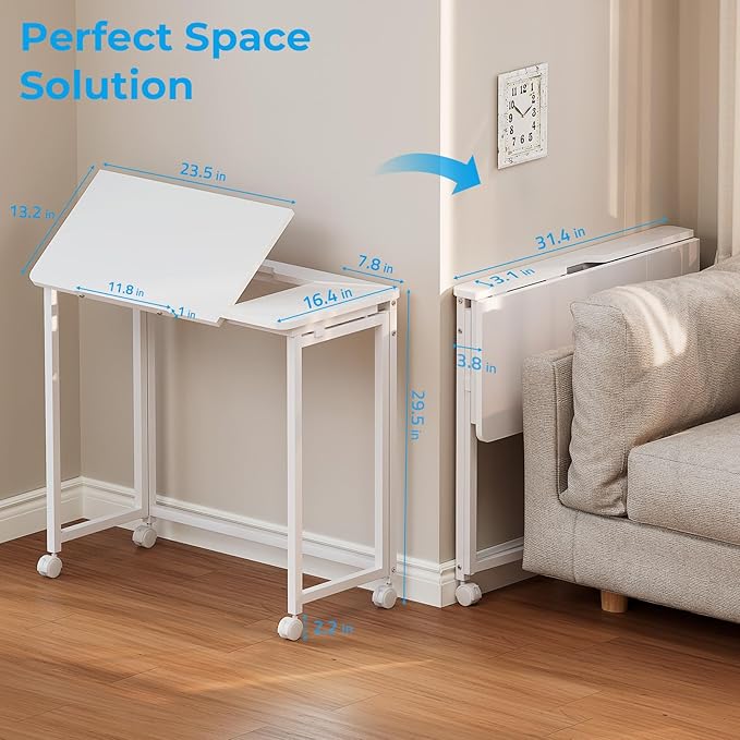 GreenForest Folding Desk with Adjustable Tiltable Desktop 0-90°, 31.5 inch Small Drafting Table with Wheels, Foldable Craft Table for Drawing, Reading, Writing, Laptop, Work, White