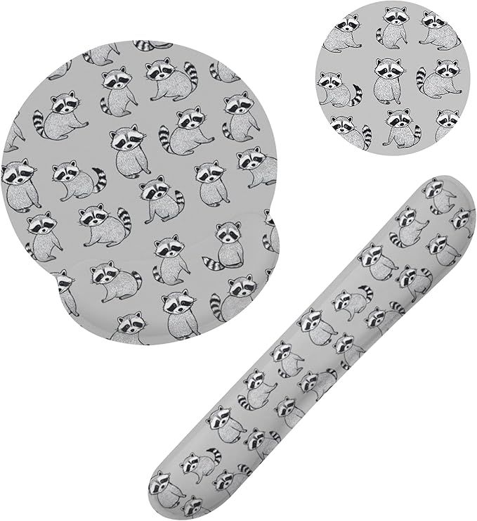 Cute Raccoon Ergonomic Wrist Support Keyboard Mouse Wrist Rest Set, Computer Office Comfortable Wrist Rest for Mouse Easy Typing