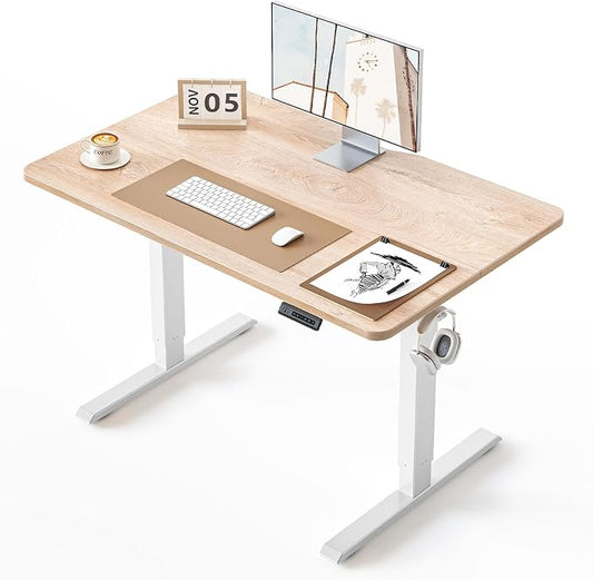BANTI 40 × 24 Inches Standing Desk, Ergonomic, Electric Height Adjustable, Sit and Stand Up, Computer Office Desk with Splice Board, White Frame/Maple Top