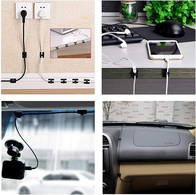 Cable Clips Self with 3M Adhesive Cord Organizer, Wire Holder Clamp Management Sticky for Desk Car Dash Cam Tables Wall, Black 50pcs