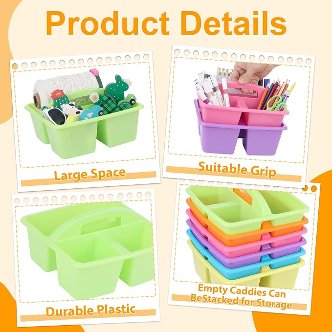 6 Pack Classroom Caddy with Handle Plastic Storage Caddy Organizer with 3 Compartments Desk Caddies Holder Portable Storage Bin for Pencil, Crayon, Marker, Home, Office, School Supply(Colorful)