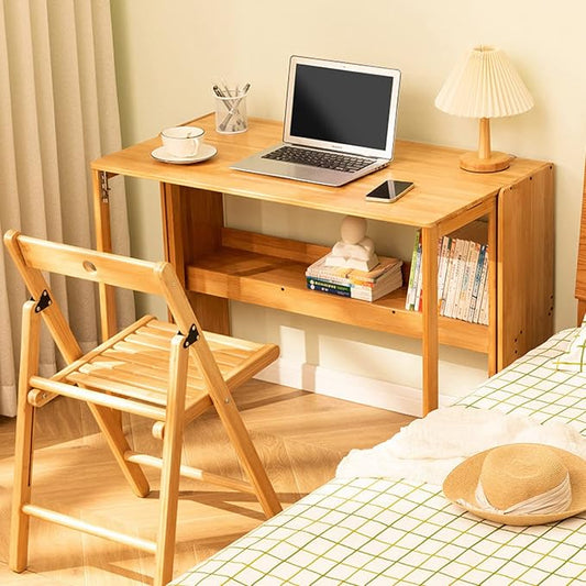 Folding Computer Desk, Natural Bamboo Desk Portable Desk Study Student Writing Desk Small Home Office Desk(39 Inch, Natural)