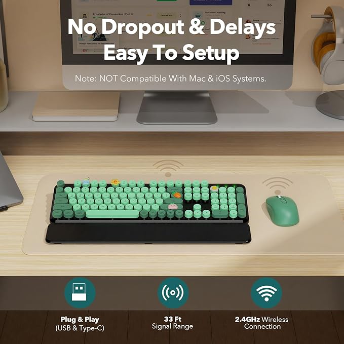 Wireless Keyboard and Mouse Combo-Round Keycaps, Full-Size Retro Typewriter Keyboard with Detachable Wrist Rest, Sleep Mode & Tilt Legs, 2.4GHz Cordless Connection for Mac/Windows/PC (Black & Green)