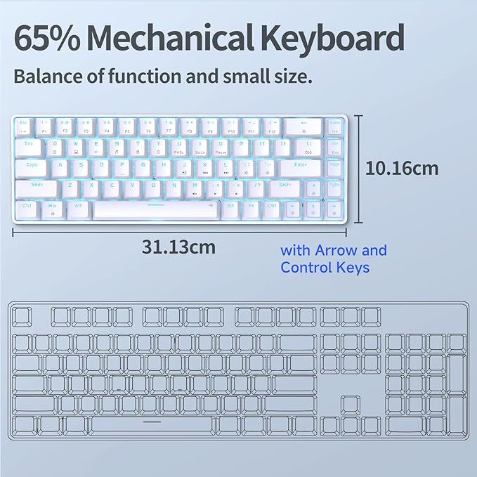 TMKB T68SE Gaming Keyboard, 60% Mechanical Keyboard, LED Backlit Ultra-Compact 68 Keys Wired Mini Keyboard with Separate Arrow/Control Keys for Windows Laptop PC Gamer Typist with Brown Switch-White