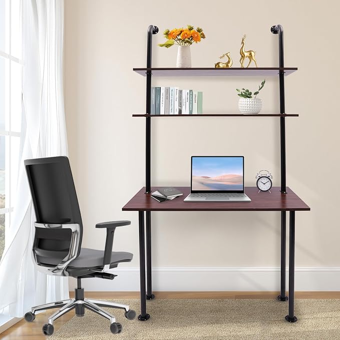 Industrial Wall Mount Desk with Shelves, 3-Shelf Ladder Desk, Computer Writing Table for Small Spaces, Black and Brown Modern Narrow Floating Table with Storage (13" Dx39.4 Wx79 H)