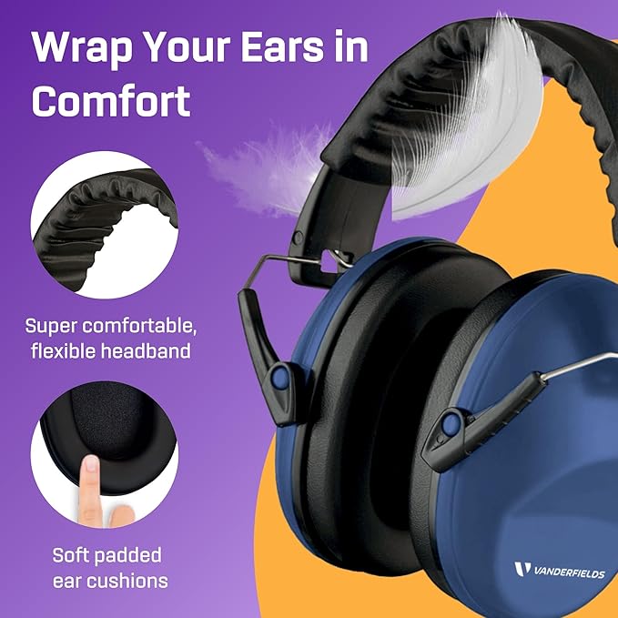 Vanderfields - Hearing Protection Ear Muffs - Over 33 dB (2K Hz) Broad Noise Cancelling Sound Reduction - Adults & Teens