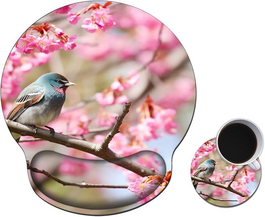 Mouse Pad with Wrist Support Gel, Ergonomic Mouse Pad with Comfortable Wrist Rest, Gaming Mousepad Non-Slip PU Base for Laptop Office Easy Typing & Pain Relief,Cute Birds Pink Cherry
