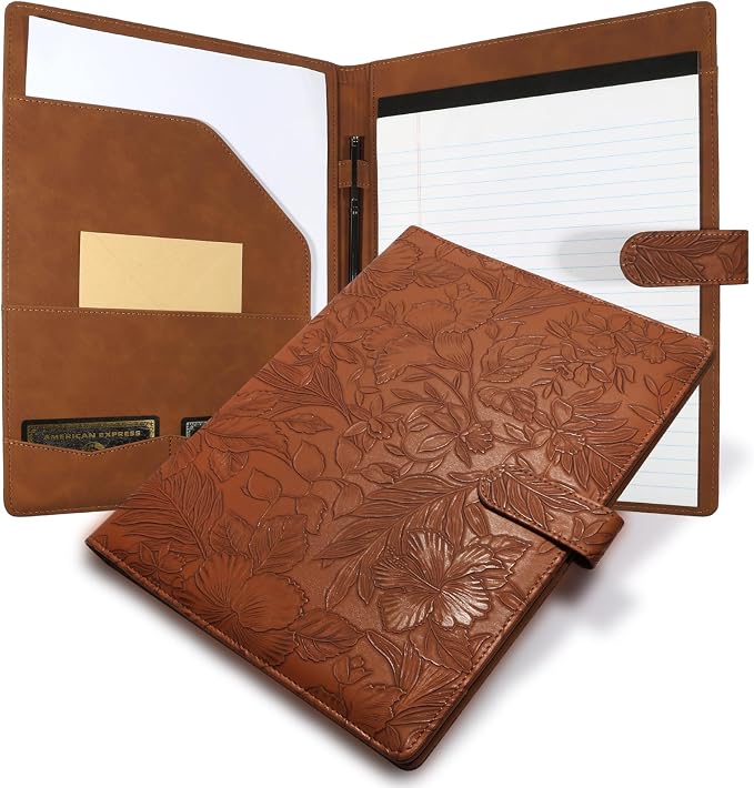 Professional Padfolio Portfolio Binder, Textured Embossing Faux Leather Folder Organizer for Letter Size Legal Pad Notepad Resume, Card Holder for Women Men Business Office Conference (Brown)
