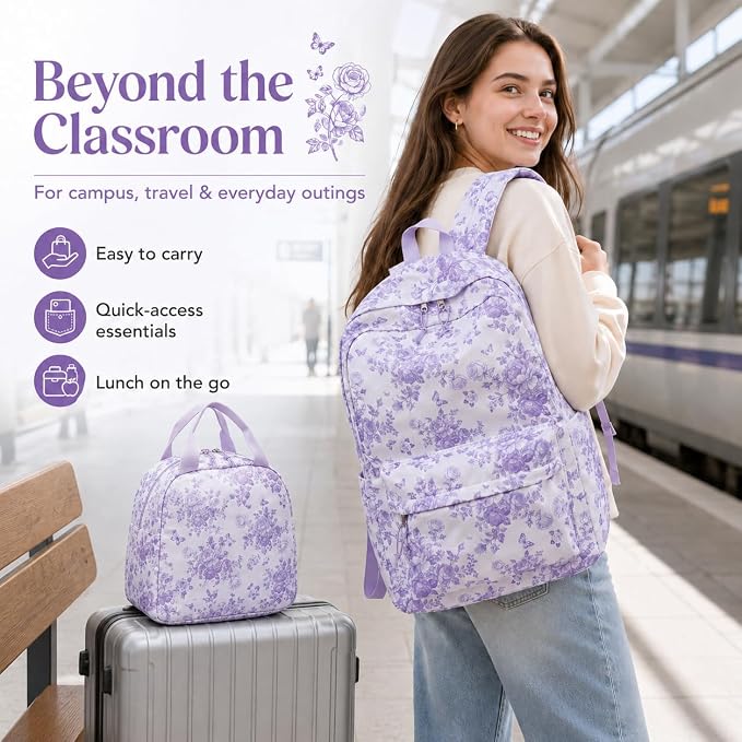 Bluboon Teens Backpack Set Girls School Backpack Lunch Box Pencil Bags Student Bookbags 3 in 1 (Purple Floral 277)