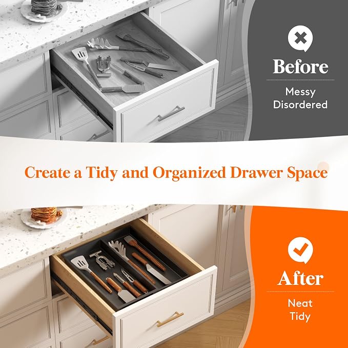 Lifewit Utensil Organizer for Kitchen Drawer, Expandable Cooking Tray | Adjustable Cutlery Flatware Holder, Plastic Silverware Spatula Tools Storage Divider, 7.5-12.9 x 16.1", Black