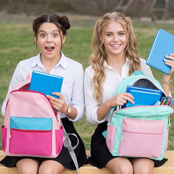 17'' Backpacks Bulk with Supplies Stationery Kits, Printed Bookbags and Writing Accessories Kit for Donation(Color Block,12 Pack)