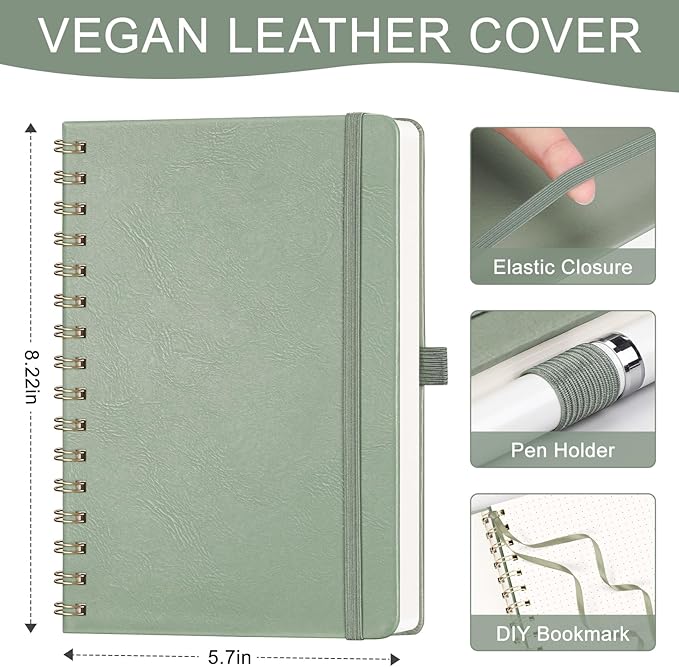 AHGXG Dotted Journal Spiral Notebook, Hardcover Leather Dotted Notebook 140 Pages, A5 Dot Grid Paper Notebook, 100 gsm Thick Paper, for Dotted Journaling, 5.7" x 8.3", Light Green