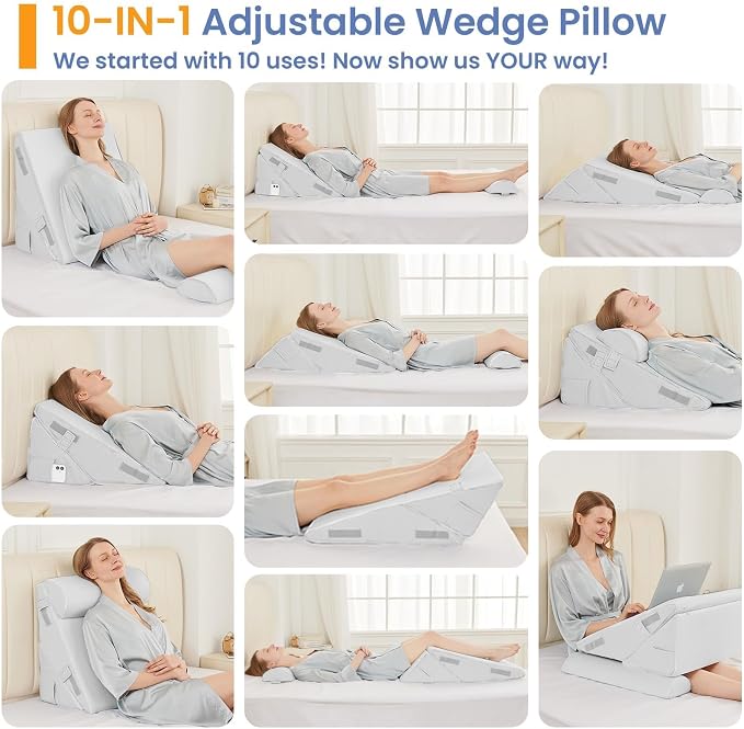 Sasttie Adjustable Wedge Pillow Set for After Surgery, White | Bed Wedge Pillow Headboard with Memory Foam Neck Cushion, for Acid Reflux, Sleeping, Neck & Back Support