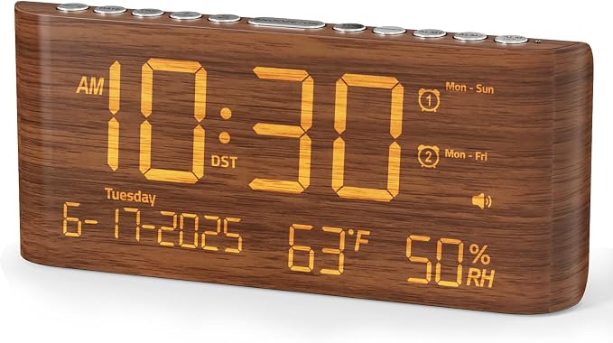 Raynic Digital Alarm Clock, 8.7" Large LED Display, Dual Alarms for Bedroom | USB & Type-C Charging Ports, Temperature & Humidity Display, 5-level Dimmer & Volume, Dark Wood Grain Finish for Home Office