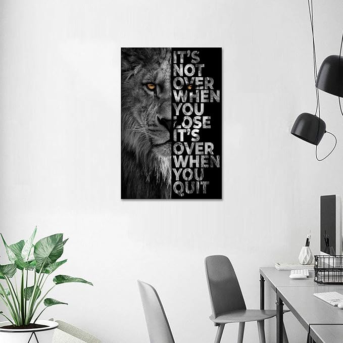 Lion Head Prints Canvas Inspirational Wall Art Black and White Animal Posters Motivational Quote Pictures for Bedroom Dorm Room Office Decor Framed Ready to Hang28x44inches