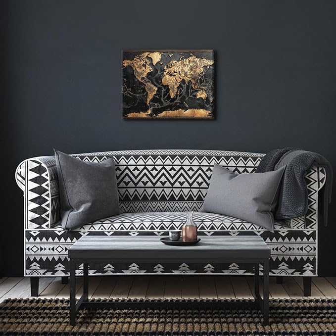 World Map Wall Art for Office Black and Gold Wall Decor Vintage Map of The World Picture Abstract Global Maps Canvas Prints Retro Nautical Artwork for Living Room Men Bedroom Home Decoration 12x16"