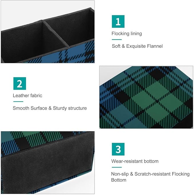 Green Blue Tartan PU Leather Pen Holder Desk Organizer, 2-Compartment Pencil Container for Office, Home, Vanity Use