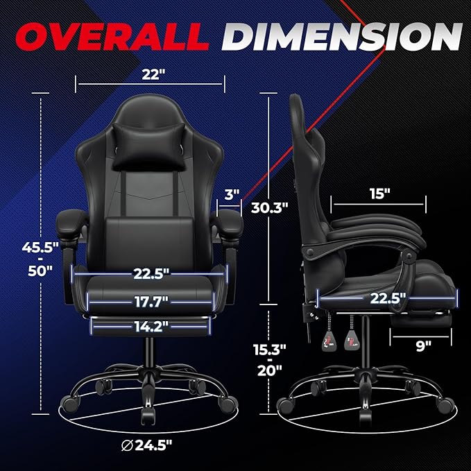 Auto Dynasty Ergonomic Gaming Chair, High-Back Office Chair w/Adjustable Lumbar Support, Linkage Armrest, Headrest & Footrest, 350LBS Recliner Swivel Computer Game Racing Chair, Black