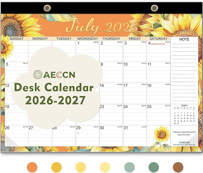 AECCN Desk Calendar 2026-2027, 18 Months Calendar, 17" x 11.4" Large Space, Anti Ink Bleed and Transparent Cover, Desktop Calendars with Stickers for Home, school, Office Planning-Flower