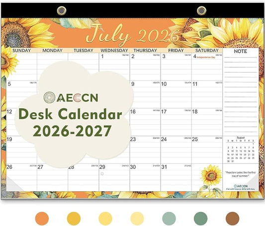AECCN Desk Calendar 2026-2027, 18 Months Calendar, 17" x 11.4" Large Space, Anti Ink Bleed and Transparent Cover, Desktop Calendars with Stickers for Home, school, Office Planning-Flower