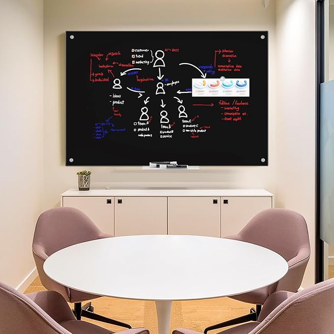 maxtek Magnetic Glass Dry Erase White Board, 48" x 32" Black Glass Board for Wall Mounted, Includes 6 Magnets with Marker Tray, 3 Markers and 1 Eraser for Classroom Home, Office Supplies