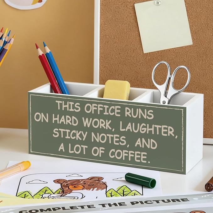 Funny Office Pen Pencil Holder for Desk | Office Humor and Coworker Gifts for Women Men, Green Wood Desk Organizer for Office Tabletop