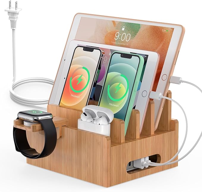 Pezin & Hulin Bamboo Charging Station with USB Charger,5Cables-Natural | Desk Docking Station Smart Watch&Earbuds Stand for Multiple Devices Electronic Organizer for Cell Phone, Tablet