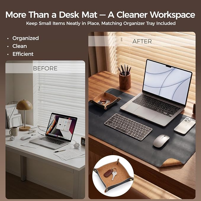 Premium Faux Leather Desk Mat & Tray Set，Innovative Cork-Look Printed Base，Gift Tube Packaging，Full-Desk Coverage，Non-Slip Desk Pad for Office Home（Classic Black）