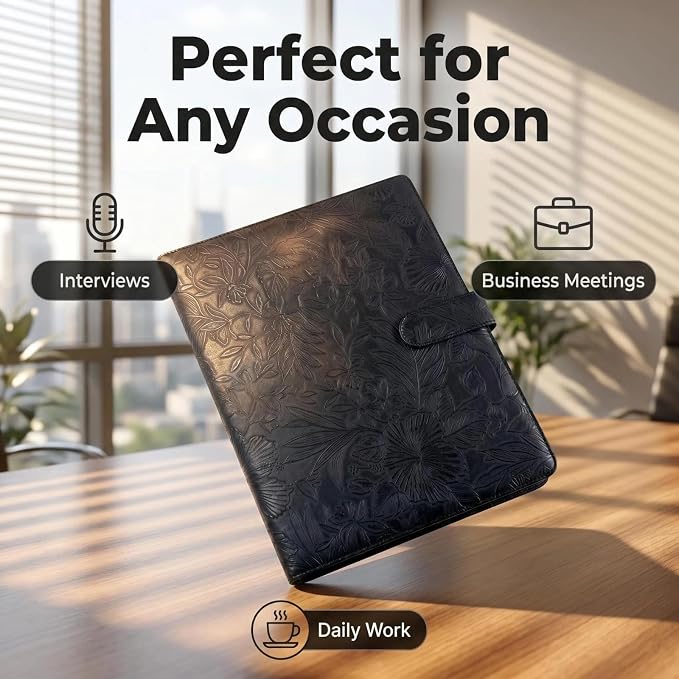 Portfolio Padfolio Binder, Faux Leather Professional Document Organizer with Business Card Holder, Letter-Sized Notepad Legal Pad Holder, Durable Executive Folder for Interviews, Meeting (Black)