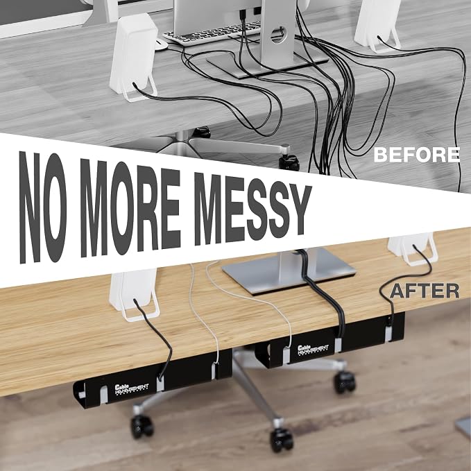 Under Desk Cable Management Tray, 2 Pack 16 Inch Black Metal Cord Organizer, No Drill Adhesive or Screw Mount for Glass/Marble/Office/Gaming Desk, Black