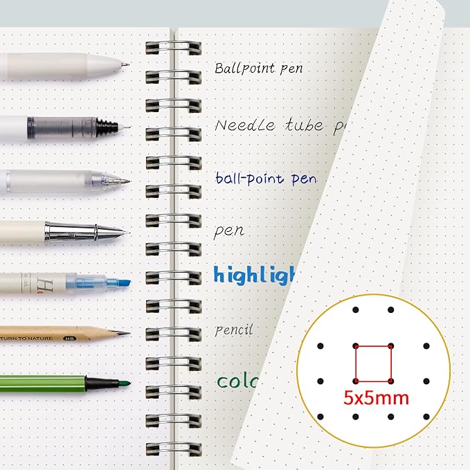EMSHOI Dotted Journal Spiral Notebook, 300 Pages, A5 Small 5.7"x8.22", 100 GSM Thick Paper, Flexible Plastic Cover, 5mm Dot Grid Notebook for Journaling, Planning, Drawing, Writing, Purple