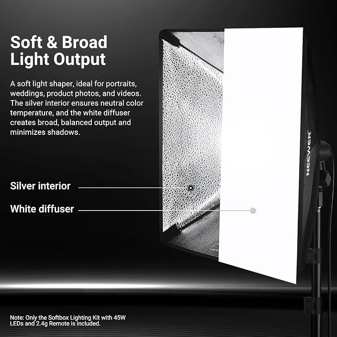 NEEWER 24"x24" 450W Equivalent Softbox Lighting Kit with Tripod Stand, 45W Bi Color 2.4G LED Bulb, Remote, 10 Channels 2900K-7000K 1400lx/1m CRI95 Studio Photography Recording Continuous Light, NK104