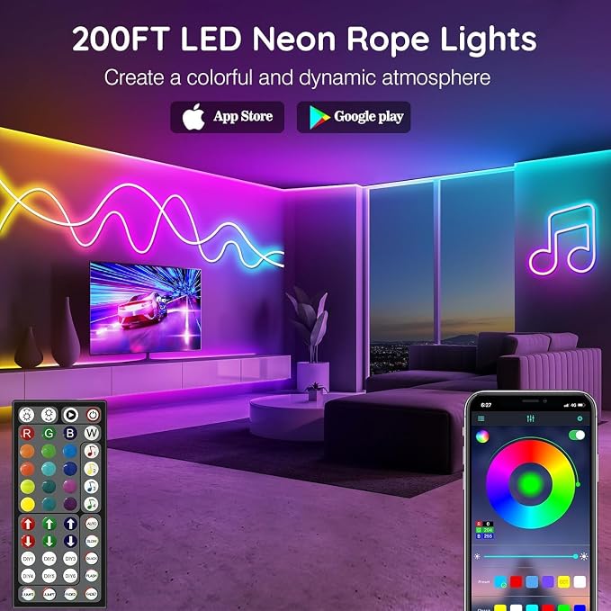 LETIANPAI 200Ft Neon Rope Lights,Flexible Led Rope Lights Control with App/Remote,Multiple Modes Music Sync Gaming RGB Led Neon Lights for Bedroom Outdoor (200FT/60M)