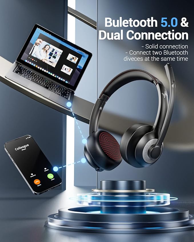 Wireless Headset with AI Noise Cancelling Microphone Bluetooth Headset - Bluetooth V5.2 Headphones with Mic Mute for Computer/Laptop/PC/iPhone/Android/Cell Phones (Without USB Dongle)