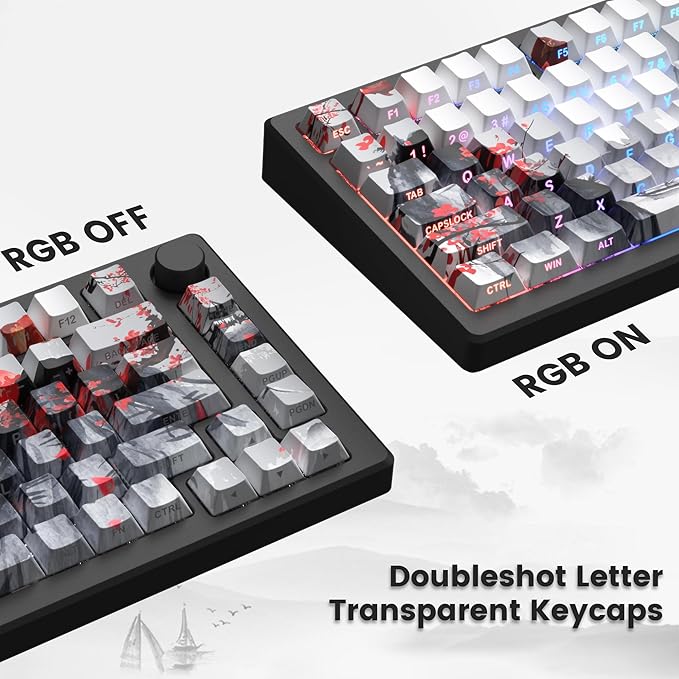 Womier PBT Keycaps Set 130 Keys, Custom White Japanese Keyboard Doubleshot Dye Sub Side Print Shine Through Keycaps 60 65 75 100 Percent, Cherry Profile (Plum Blossom)
