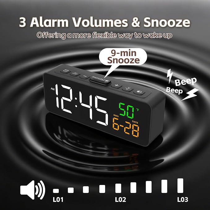 Netzu 3-in-1 Digital Clocks for Living Room, Small & Compact Alarm Clock | Temperature, Date & Time Display, 4 Birghtness, 3 Volumes, Plug-in, for Bedroom, Office