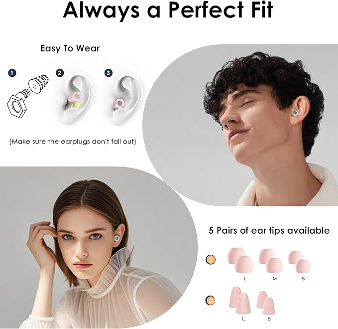 Ear Plugs for Sleeping Noise Cancelling,30-35dB NRR Silicone Earplugs with 5 Ear Tips in S/M/L,Ear Plugs for Noise Reduction for Sleep,Hearing Protection,Noise Sensitivity