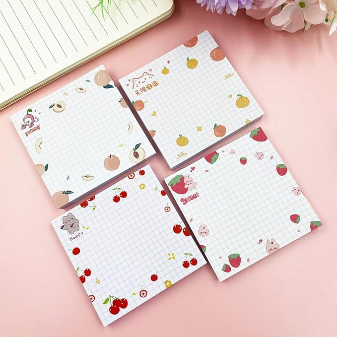 Cute Sticky Notes, 4Pack(320 Sheets) Kawaii Sticky Notes Colorful Super 3.1x3.1in Self-Stick Pads Unique Cute Fruit Patterns Sticker Note