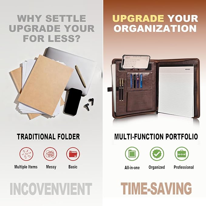 Leather Portfolio for Men and Women – Business Binder Portfolio, Professional Organizer for Men and Women, Christian Gifts, Laptop & iPad Case, Bible Notepad Holder (Brown) | Christian Leather Portfolio for Men