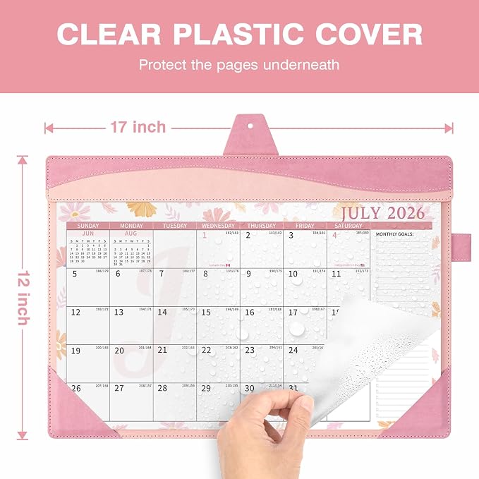 Ospelelf Leather Desk Calendar 2026-2027 Large 12"x17" Monthly Planner Pad with Protective Cover 18 Months Use July 2026 to December 2027 Pink Floral